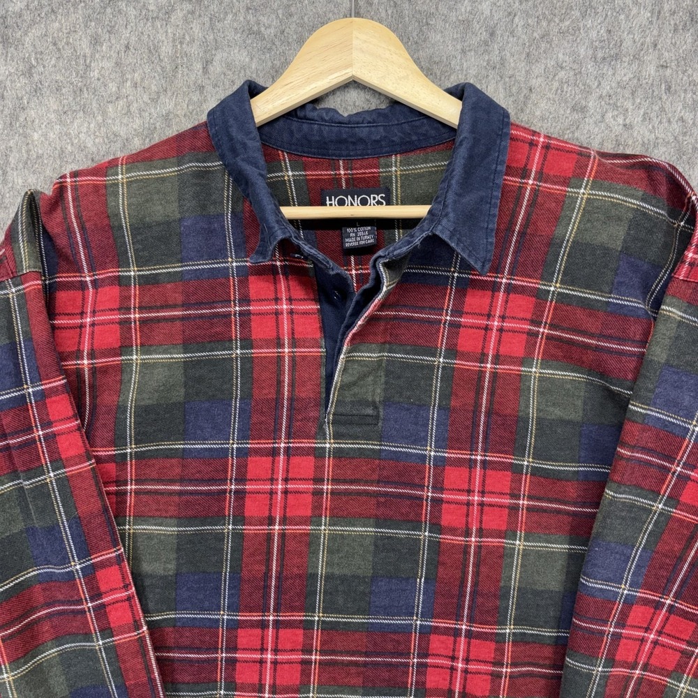 Vintage Honors Rugby Tartan Plaid Polo Shirt Men's Large 90s Preppy Long Sleeve - Picture 2 of 6